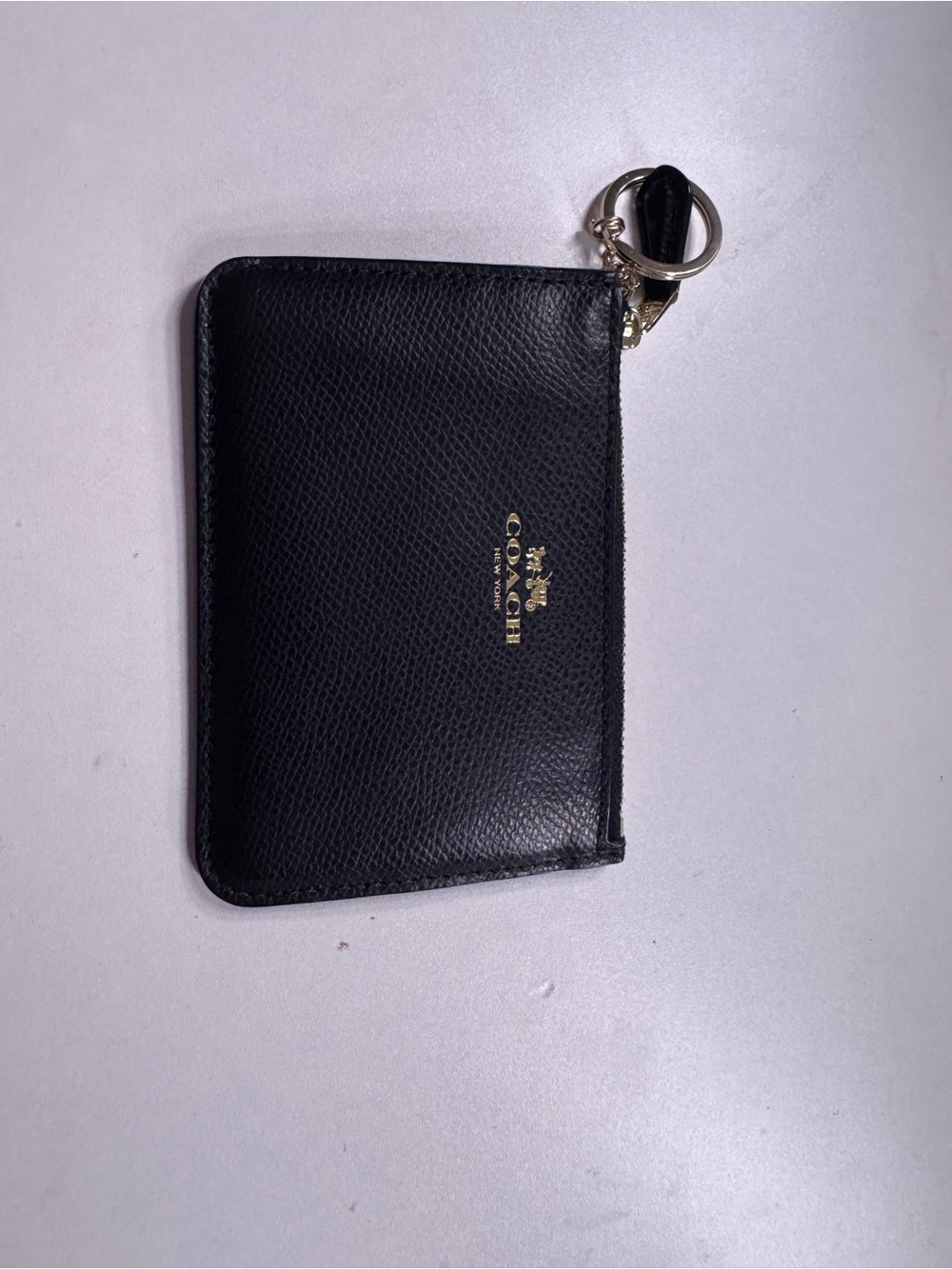 Coach Black Leather Zip Card Holder with Key Ring and Gold Logo